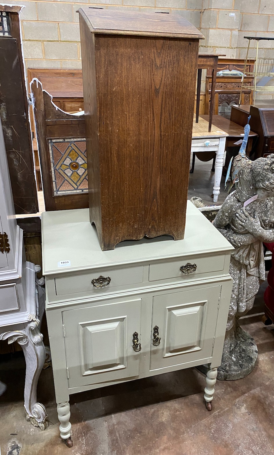 An eau de nil painted beech side cabinet, width 71cm